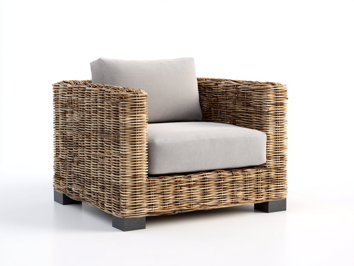 Polyrattan Gartensessel-Polyrattan-Holz-Textil-98x92x78 cm-Natur-Hellgrau-Moderner Lounge-Stil