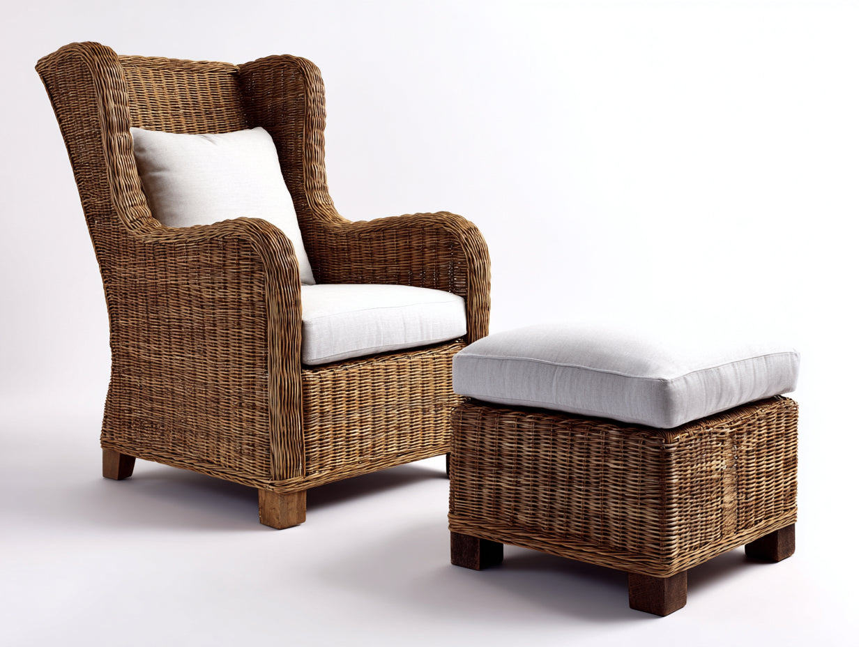 Polyrattan Gartensessel-Polyrattan-Holz-Textil-92x86x107 cm-Natur-Creme-Rustikaler Ohrensessel-Stil