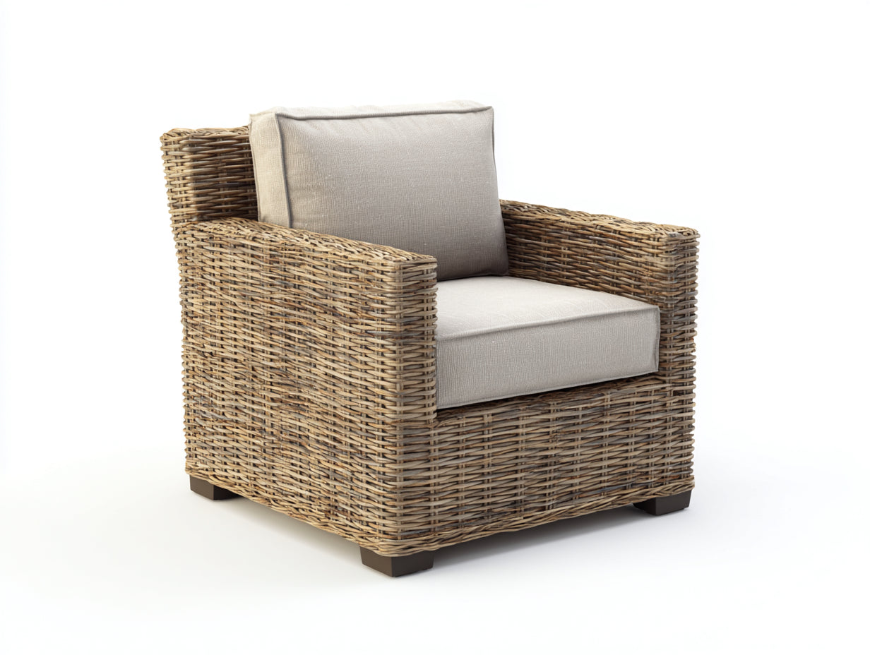 Polyrattan Gartensessel-Polyrattan-Holz-Textil-95x88x78 cm-Natur-Beige-Rustikaler Gartenstil