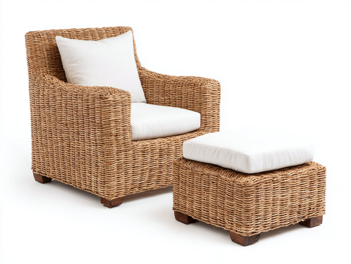 Polyrattan Gartensessel-Polyrattan-Holz-Textil-93x88x82 cm-Natur-Creme-Klassischer Gartenstil