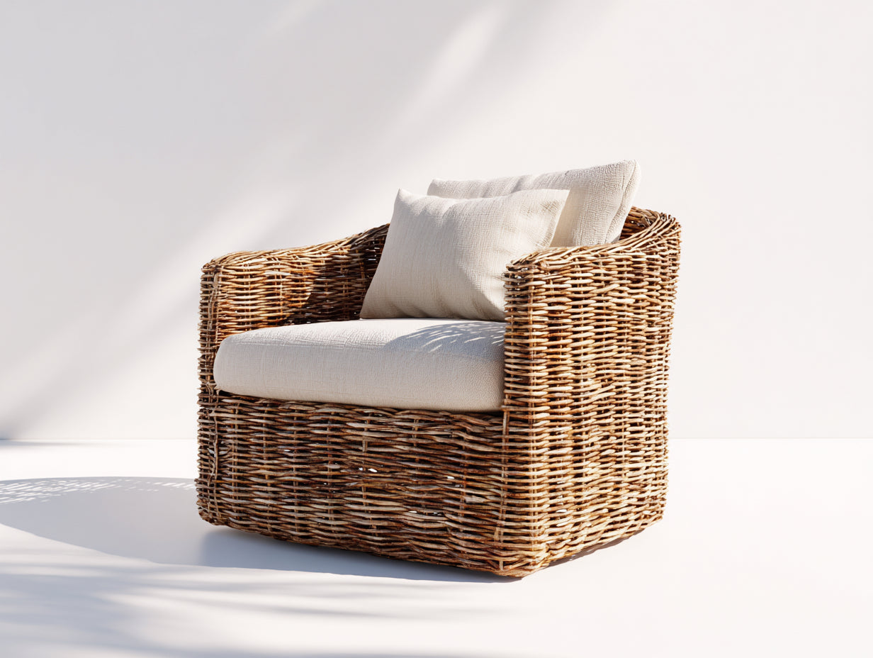 Polyrattan Gartensessel-Polyrattan-Holz-Textil-96x90x76 cm-Braun-Creme-Rustikaler Lounge-Stil