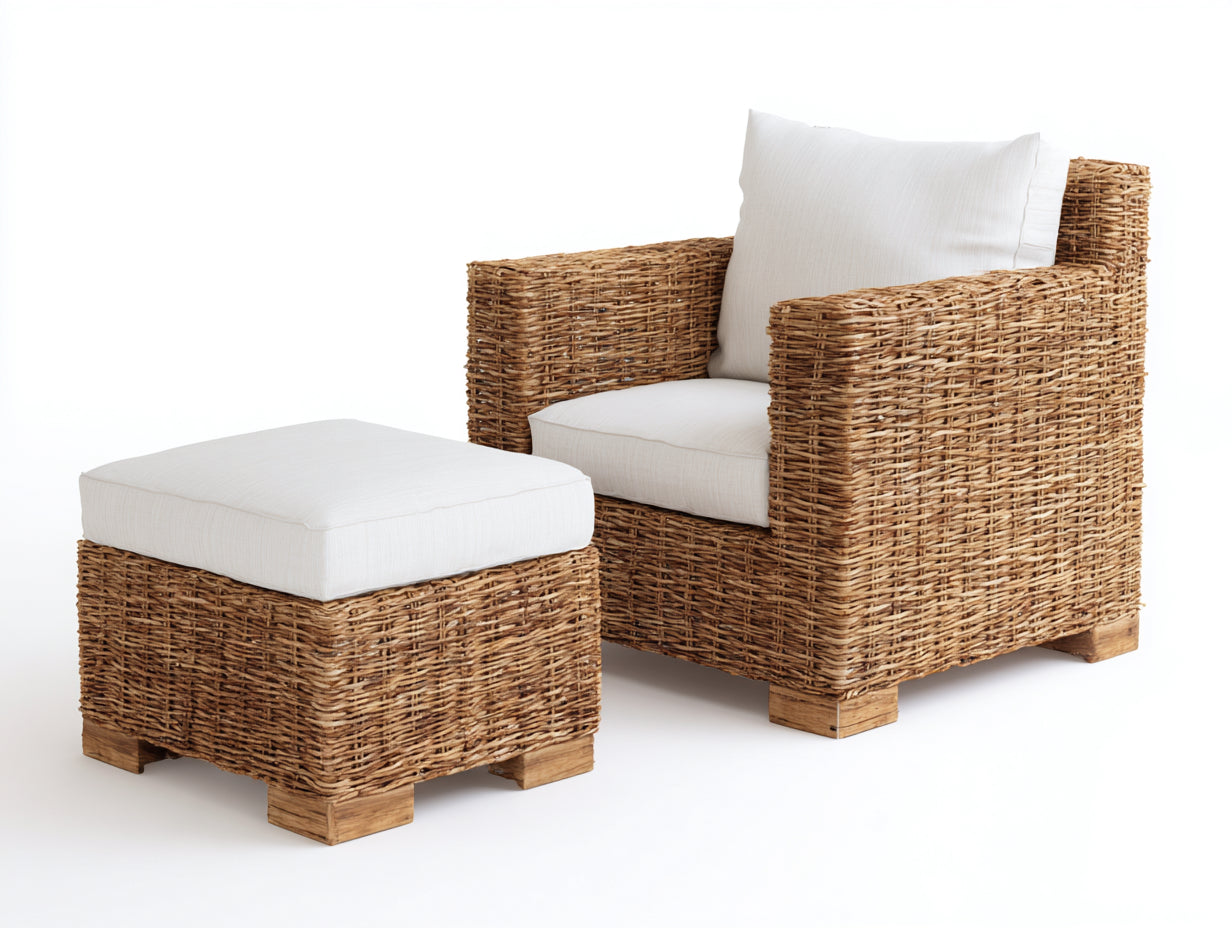 Polyrattan Gartensessel-Polyrattan-Holz-Textil-92x86x84 cm-Natur-Creme-Moderner Landhausstil