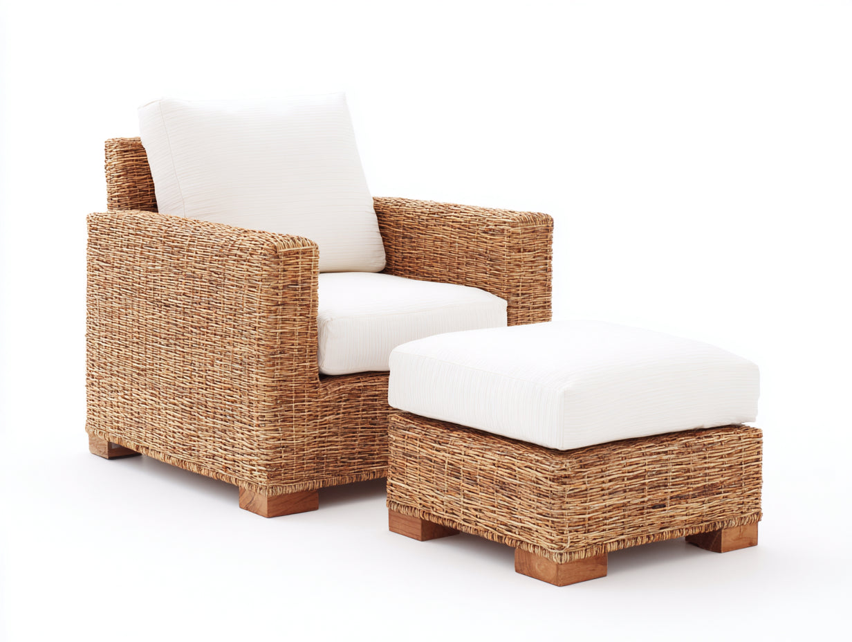 Polyrattan Gartensessel-Polyrattan-Holz-Textil-94x88x82 cm-Natur-Creme-Minimalistischer Lounge-Stil