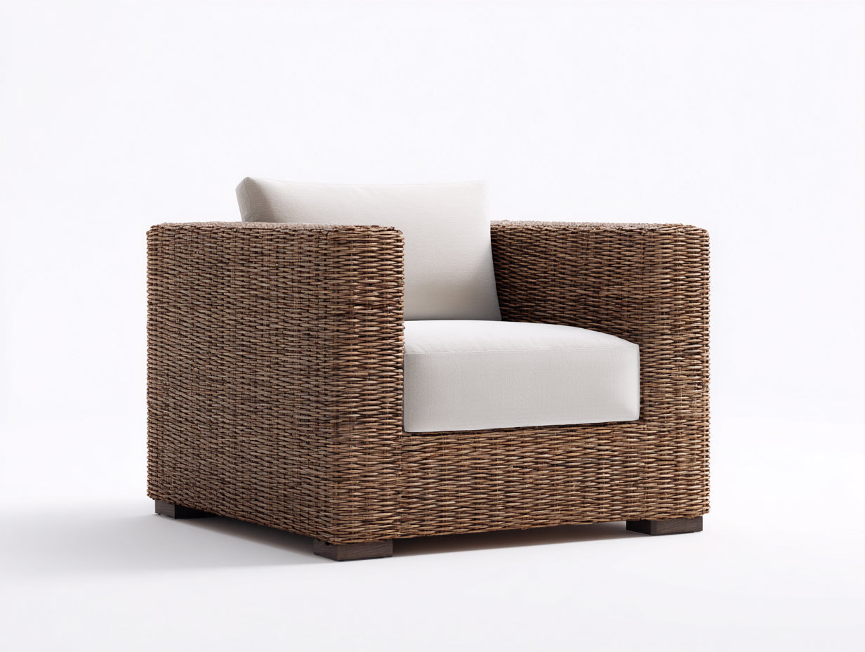 Polyrattan Gartensessel-Polyrattan-Holz-Textil-97x91x76 cm-Braun-Creme-Rustikaler Gartenstil