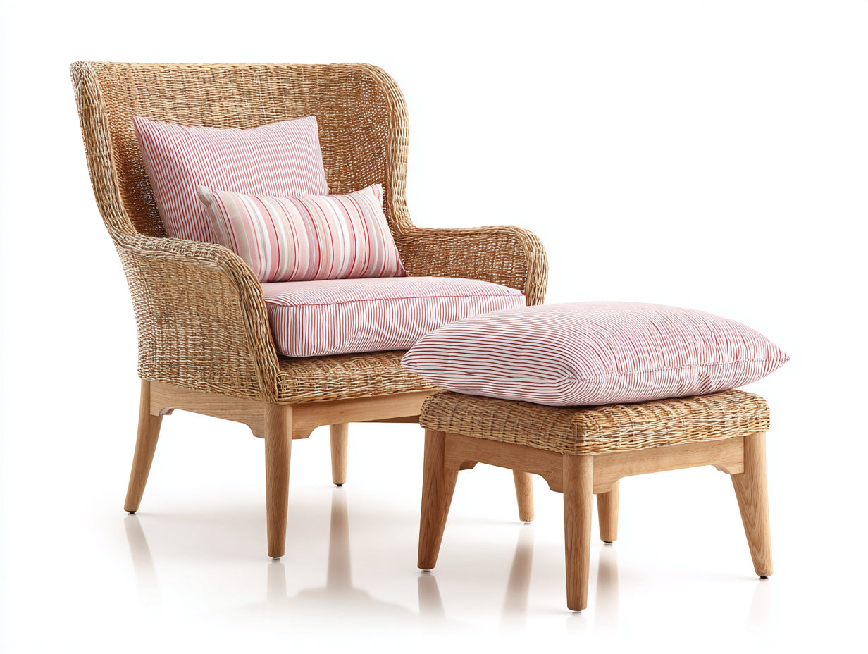 Polyrattan Gartensessel-Polyrattan-Holz-Textil-96x82x110 cm-Natur-Rosa-Weiß-Landhaus-Lounge-Stil