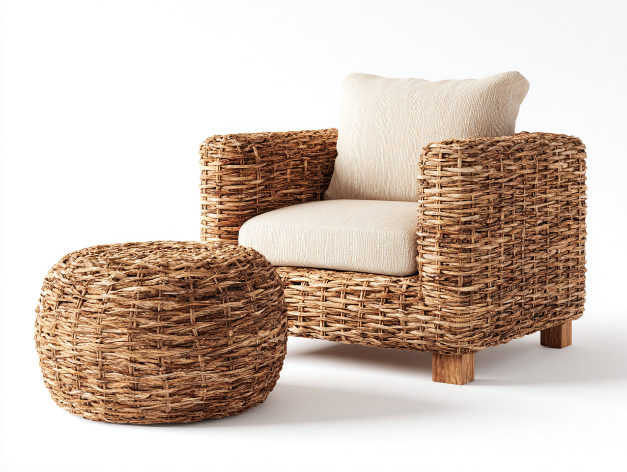 Polyrattan Gartensessel-Polyrattan-Holz-92x88x78 cm-Natur-Creme-Boho-Stil