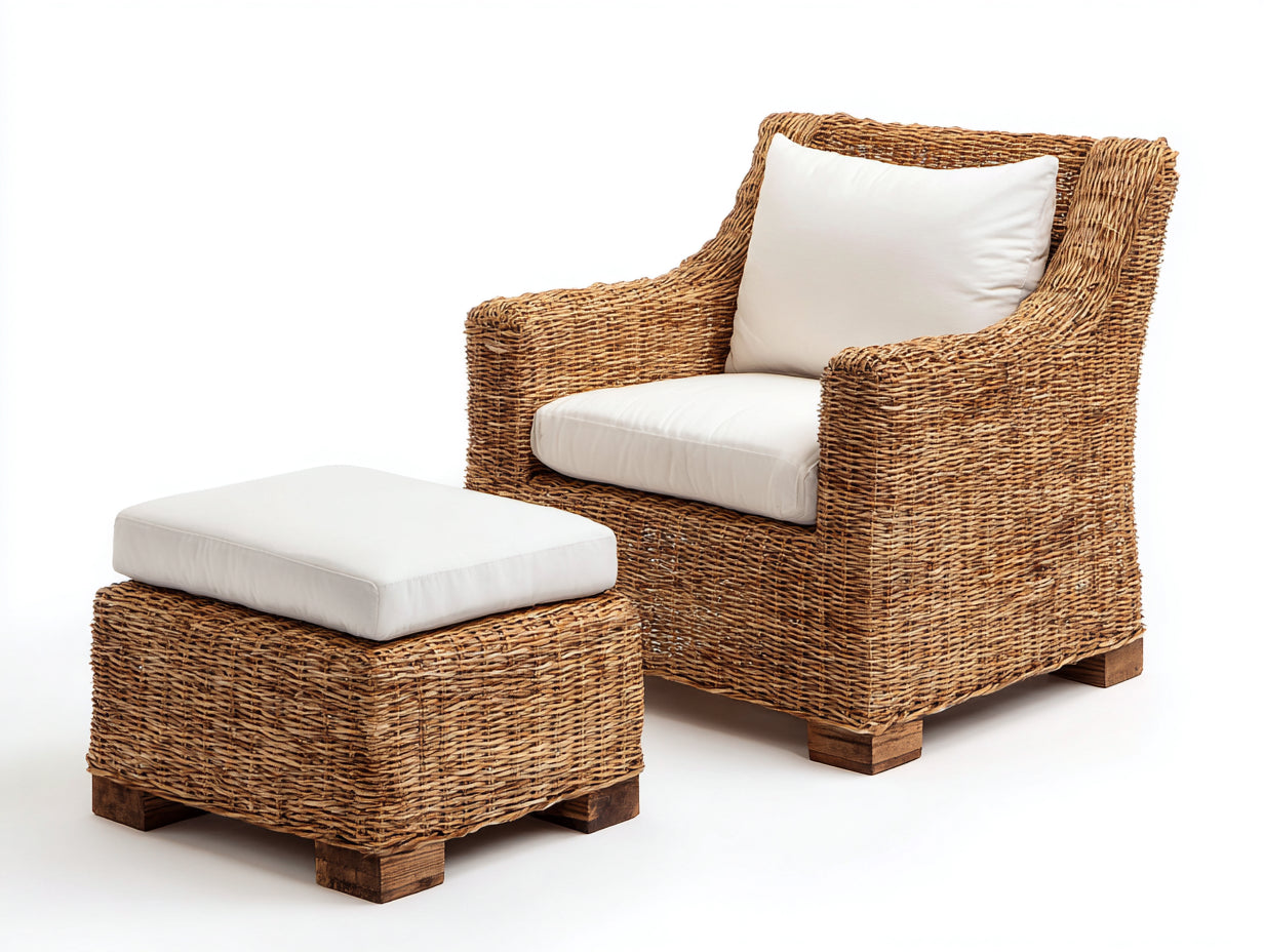 Polyrattan Gartensessel-Polyrattan-Holz-Textil-92x86x108 cm-Natur-Creme-Klassischer Ohrensessel-Stil