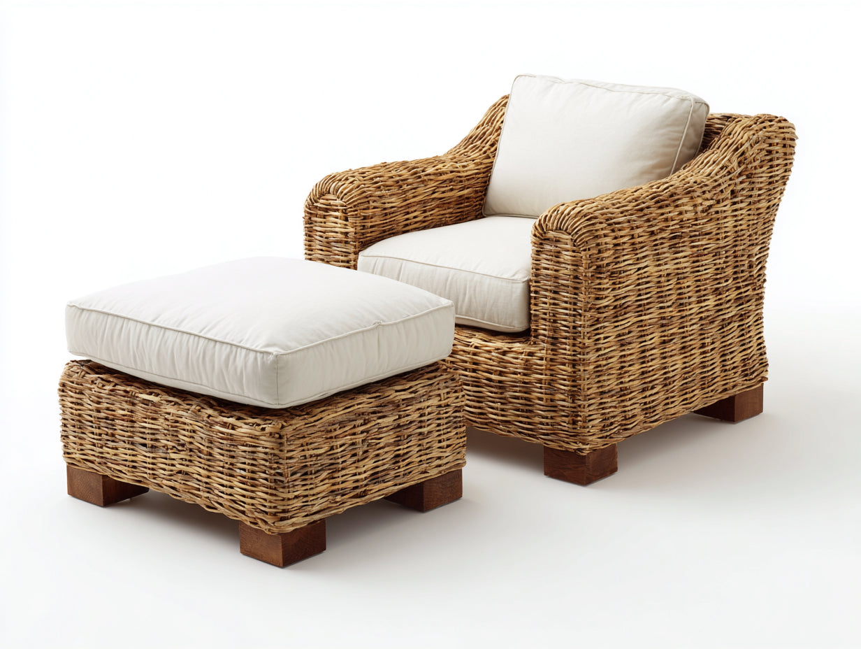 Polyrattan Gartensessel-Polyrattan-Holz-Textil-96x90x84 cm-Natur-Creme-Rustikaler Landhausstil