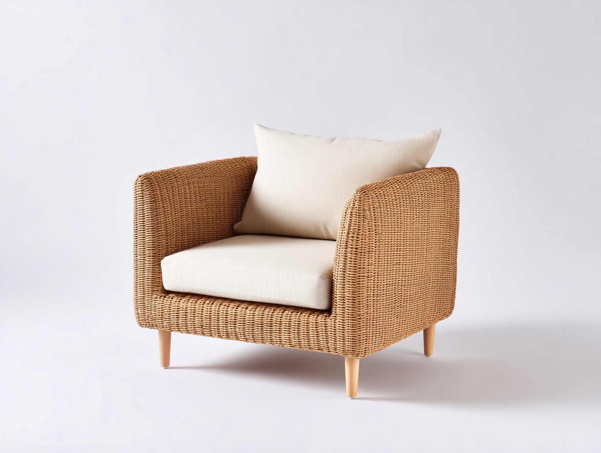 Polyrattan Gartensessel-Polyrattan-Holz-Textil-91x86x74 cm-Natur-Creme-Skandinavischer Gartenstil