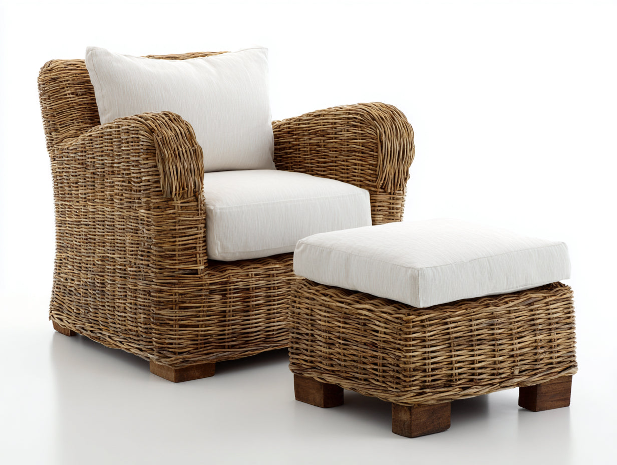 Polyrattan Gartensessel-Polyrattan-Holz-Textil-95x88x86 cm-Natur-Creme-Rustikaler Landhausstil