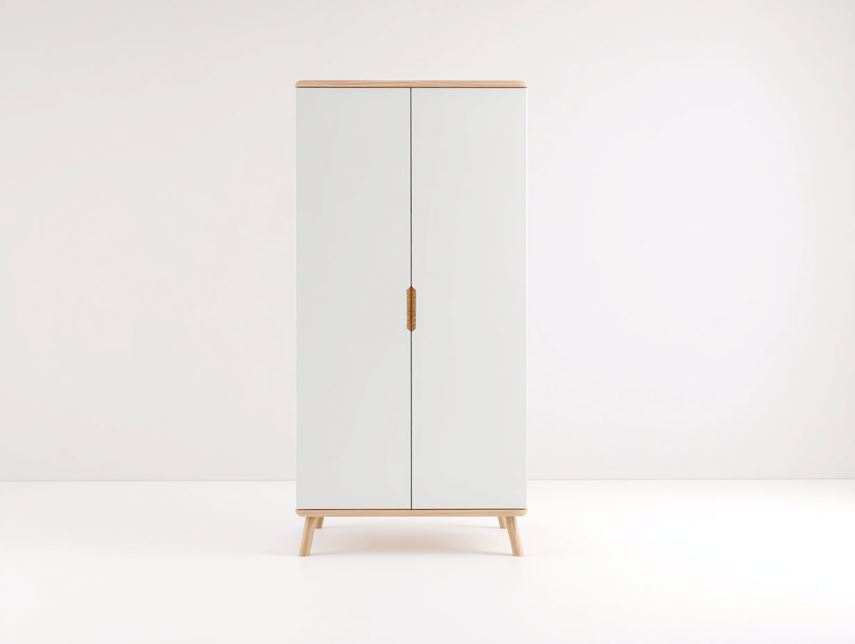 Kleiderschrank - Holzwerkstoff-Massivholz - 92 x 54 x 188 cm - Weiß-Naturholz - Skandinavischer Stil