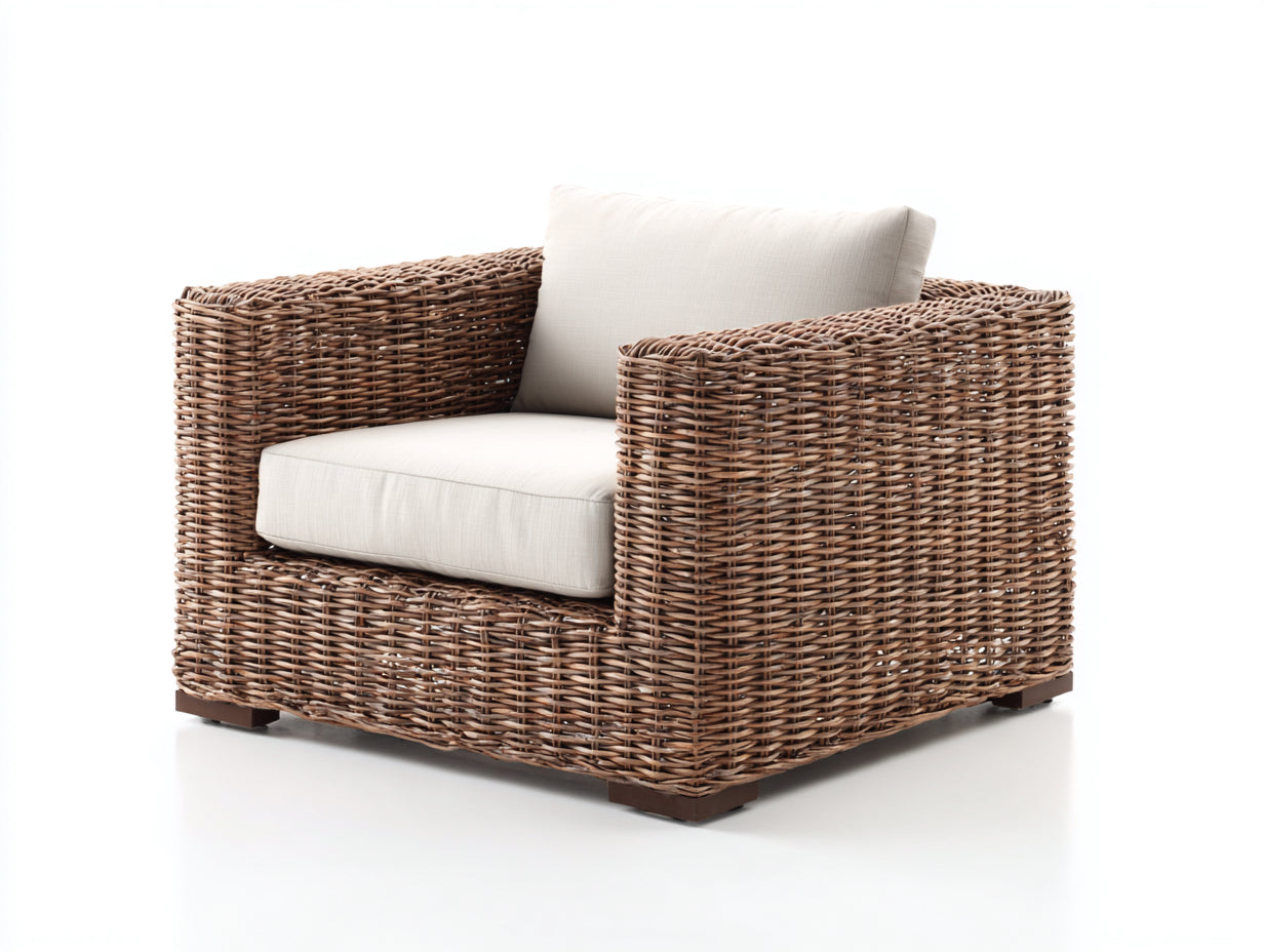 Polyrattan Gartensessel-Polyrattan-Holz-Textil-97x91x77 cm-Natur-Creme-Klassischer Gartenstil