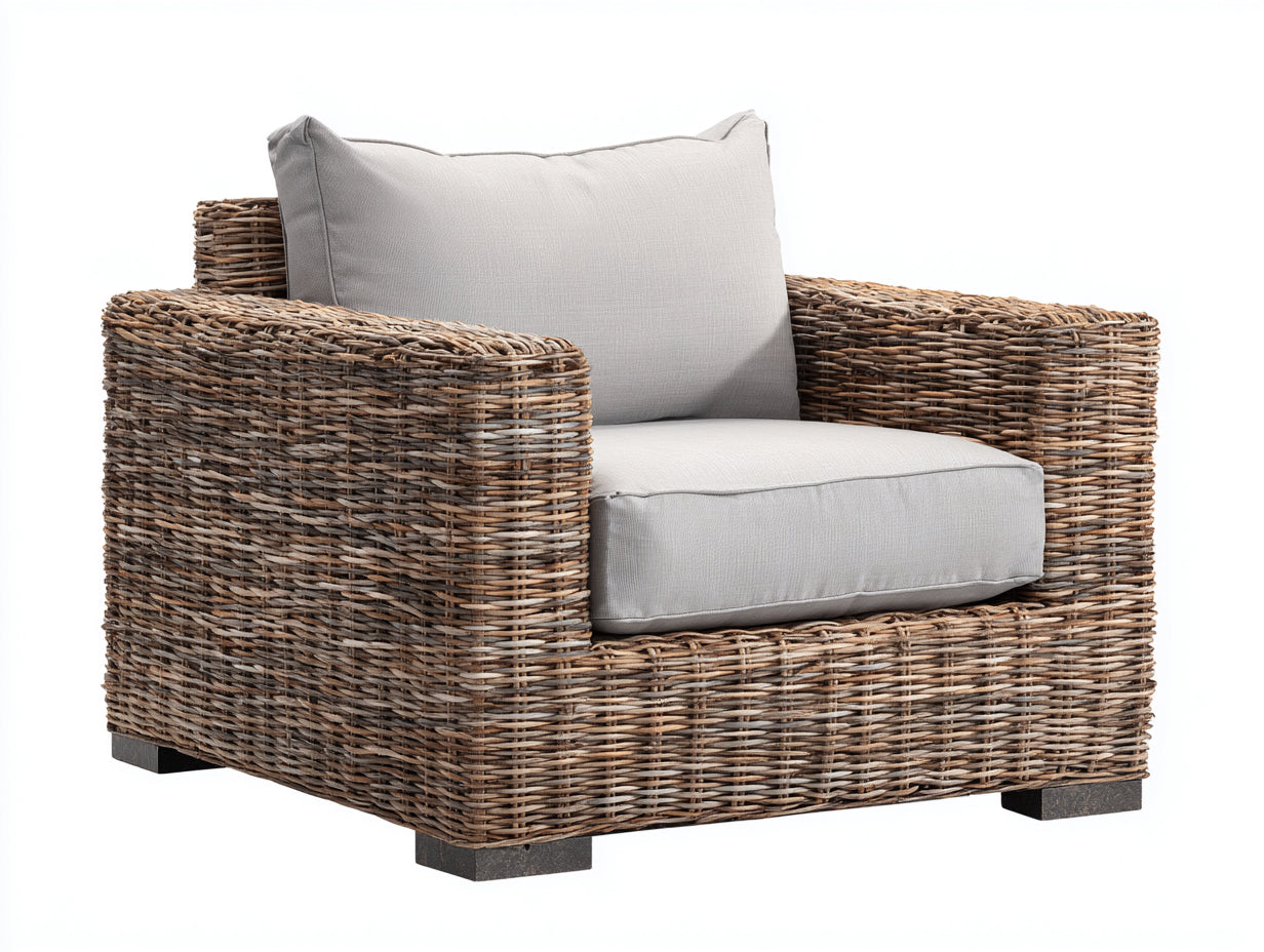 Polyrattan Gartensessel-Polyrattan-Holz-Textil-98x92x78 cm-Graubraun-Hellgrau-Moderner Lounge-Stil