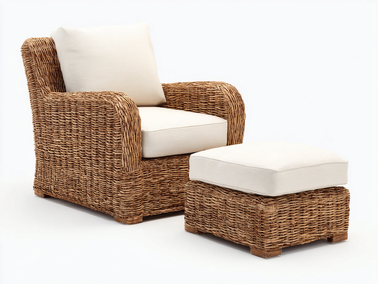 Polyrattan Gartensessel-Polyrattan-Holz-Textil-95x88x84 cm-Natur-Creme-Klassischer Gartenstil