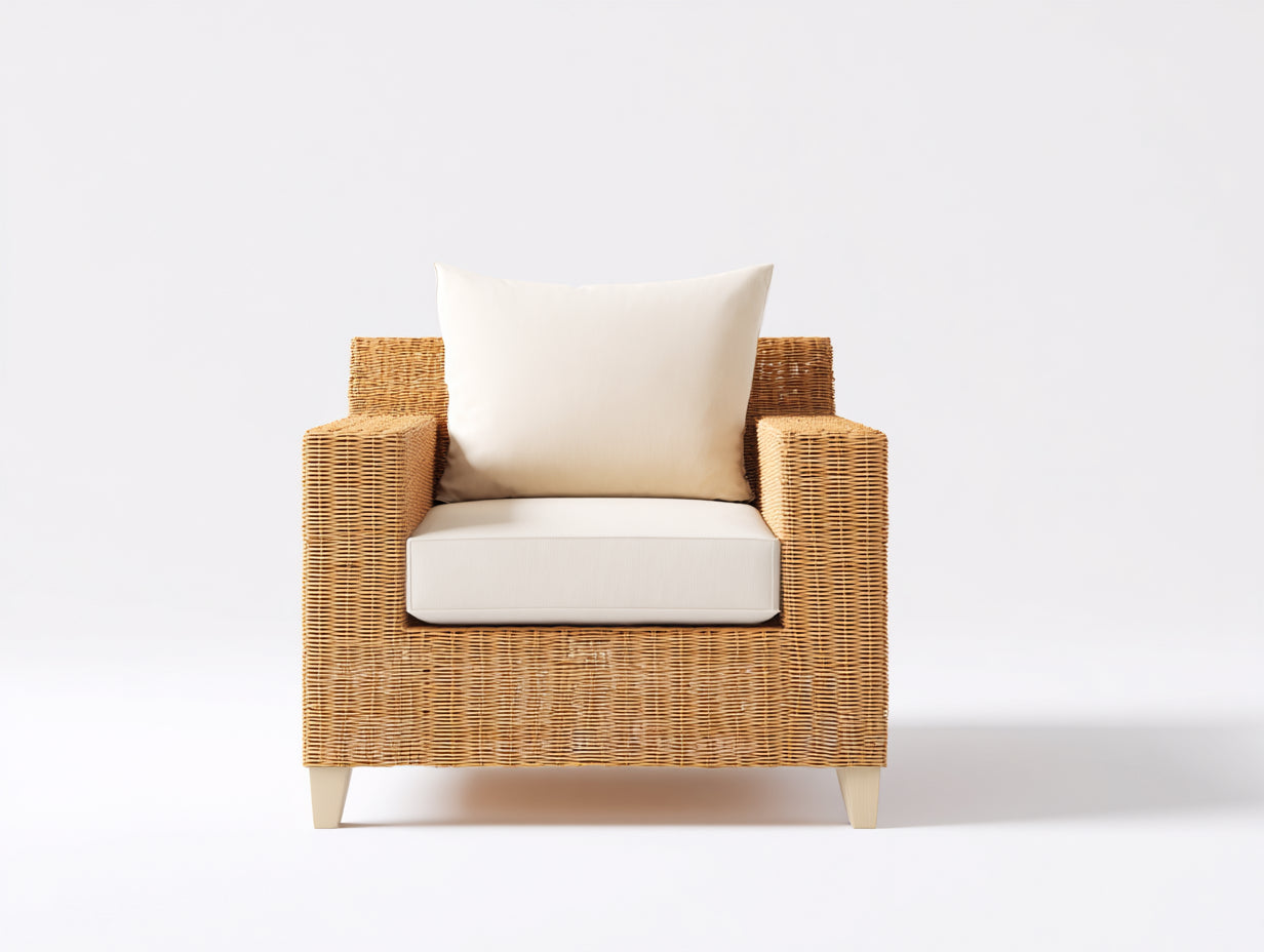 Polyrattan Gartensessel-Polyrattan-Holz-Textil-90x84x76 cm-Natur-Creme-Minimalistischer Lounge-Stil