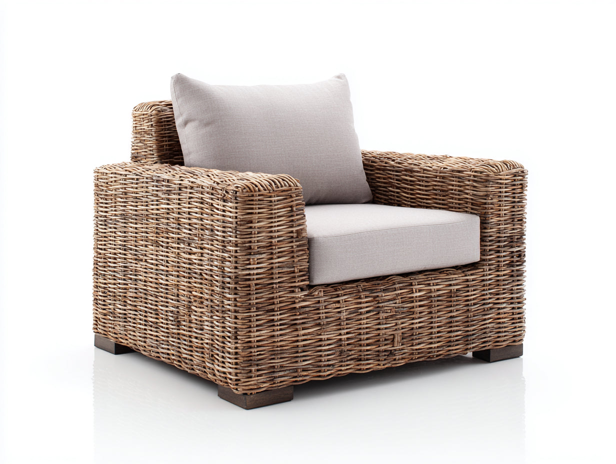 Polyrattan Gartensessel-Polyrattan-Holz-Textil-97x91x77 cm-Natur-Hellgrau-Klassischer Lounge-Stil